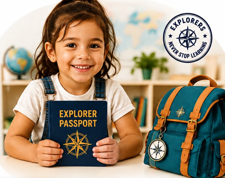 A smiling preschooler holding a DayCero Explorer Passport beside a teal Mission Bag